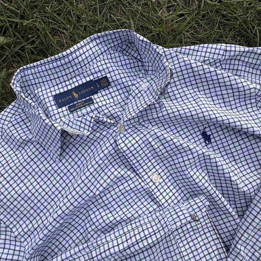 Ralph Lauren Shirt Mens L Blue Green White Check Button Down Classic Fit Cotton